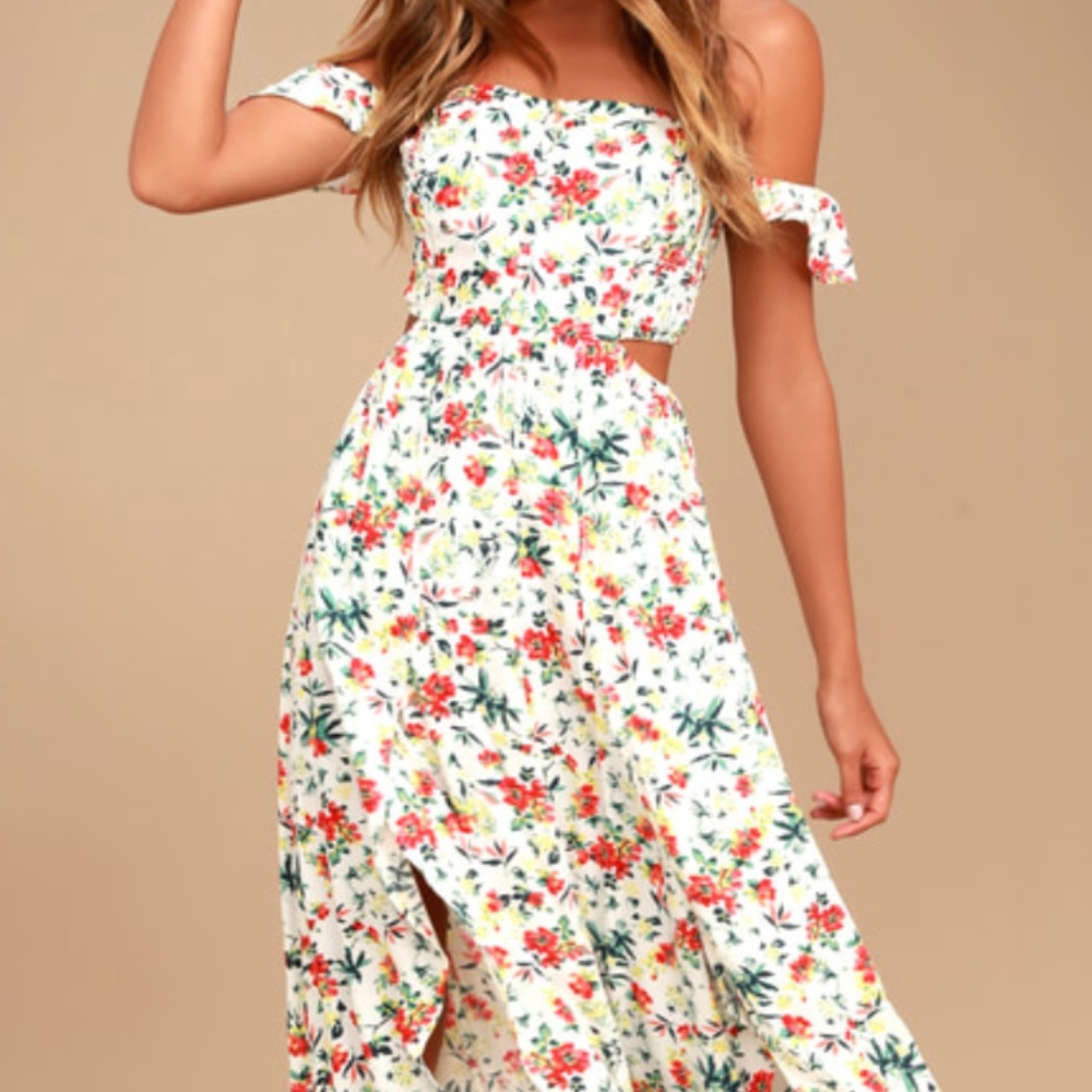 Lulus Floral Print Off-the-Shoulder Midi Dress
